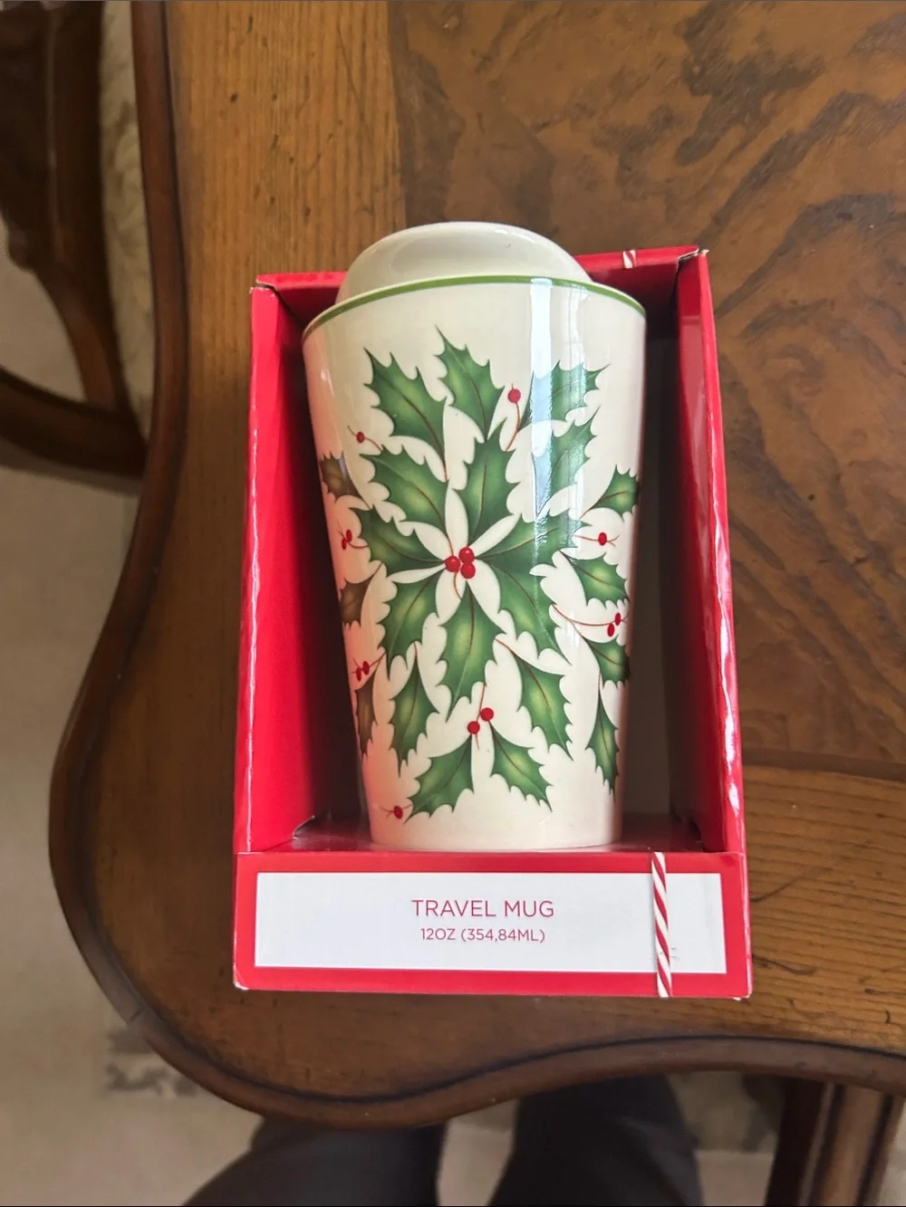 Lenox Holly Pattern Travel Mug - White, Green, Red in original box
